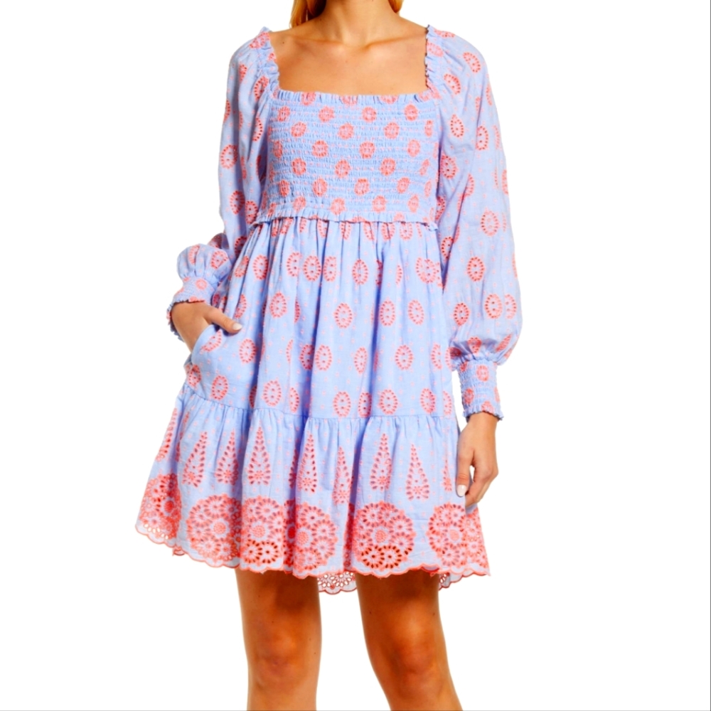 NWT Lilly Pulitzer Rainna Eyelet Smocked Long Sleeve Dress- Size small